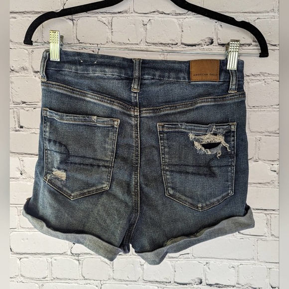 American Eagle Curvy Hi Rise Shortie Distressed Blue Jean Shorts 8 - Picture 3 of 5